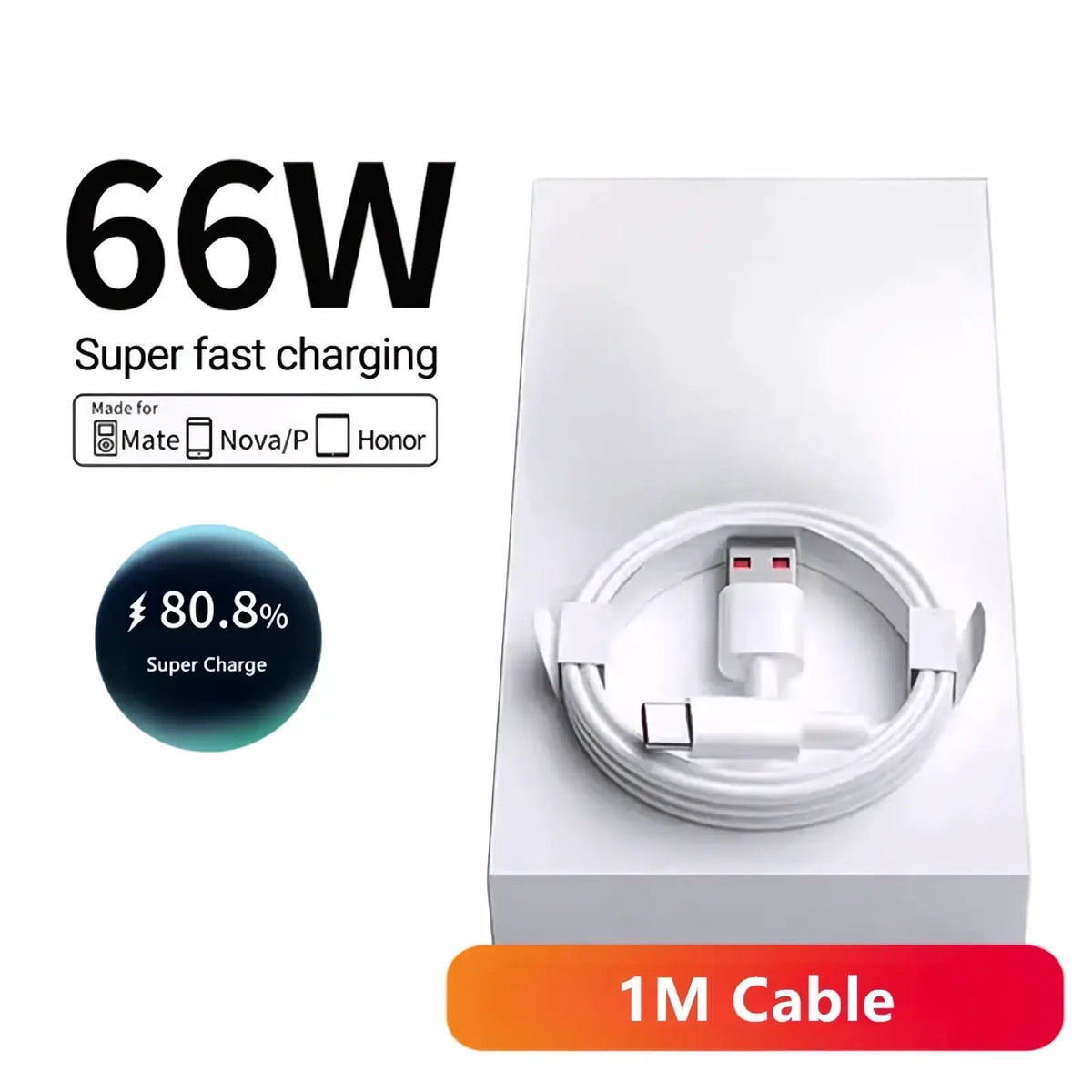 White 66w super fast charging cable with usb-c to usb-a connector neatly coiled in a minimalist white box for eu wall charger