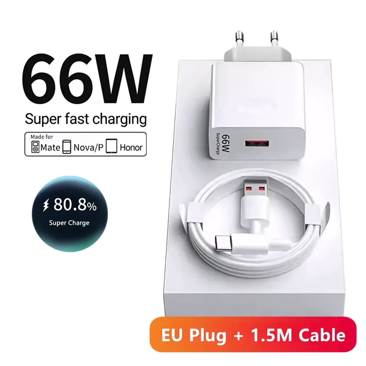 White 66w fast eu wall charger with type c cable and eu plug for efficient supercharging of compatible devices