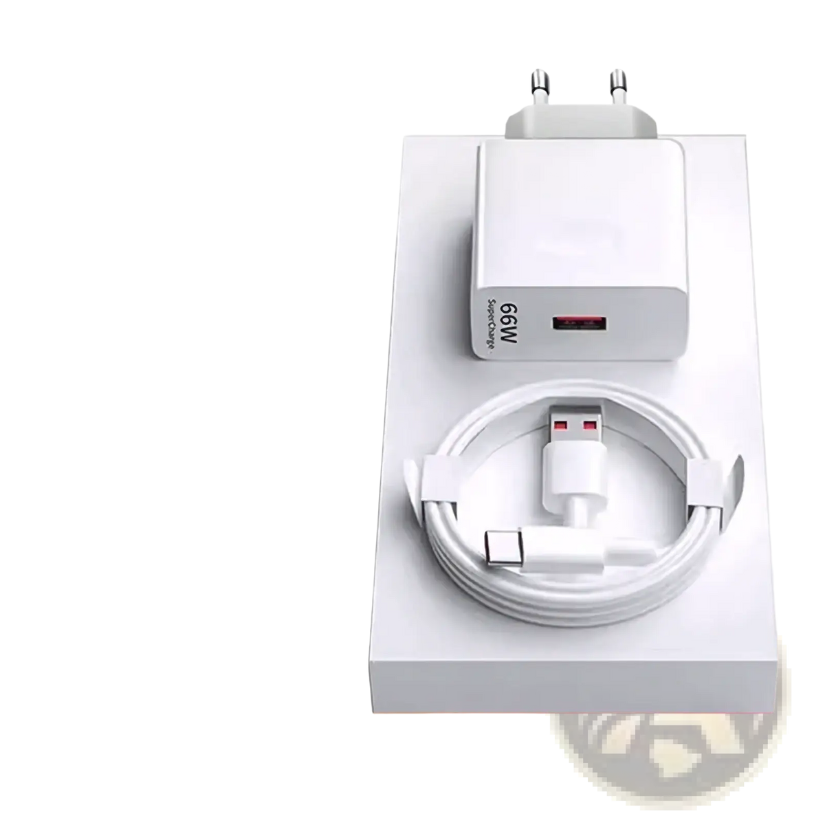 White 66w fast eu wall charger with supercharge and matching white usb-c cable for efficient device charging