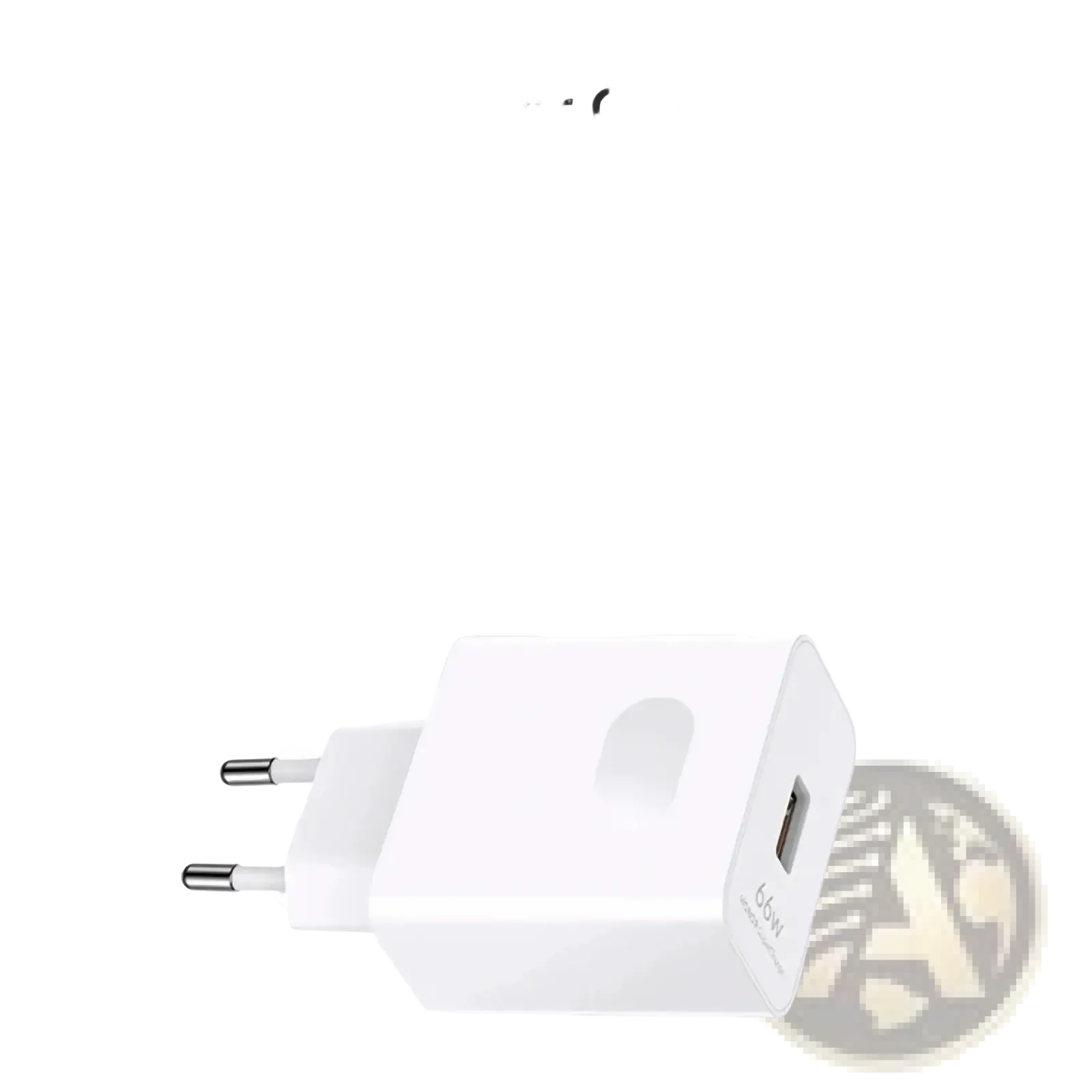 White rectangular 66w fast eu wall charger with usb-c cable and two-prong european plug shown from the back side
