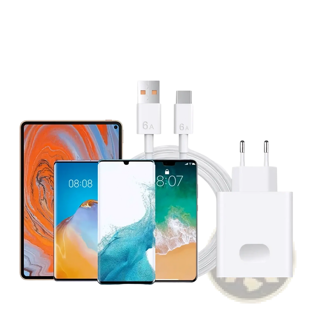 White 66w fast eu wall charger with integrated usb-c and usb-a cables for huawei mate nova p and honor smartphones