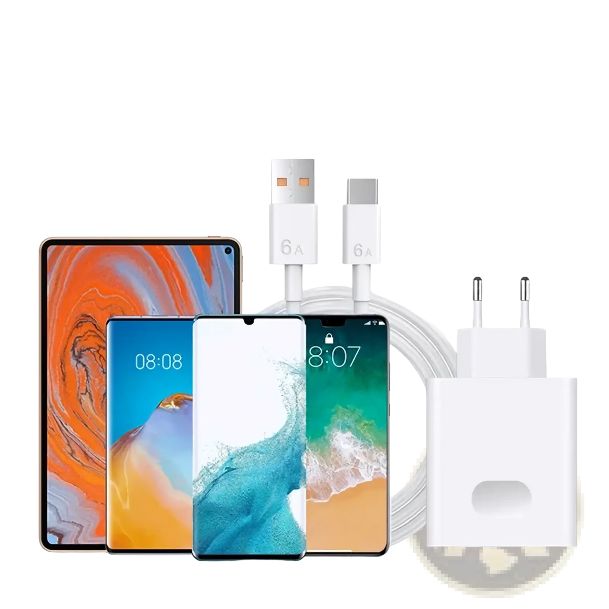 White 66w fast eu wall charger with integrated usb-c and usb-a cables for huawei mate nova p and honor smartphones