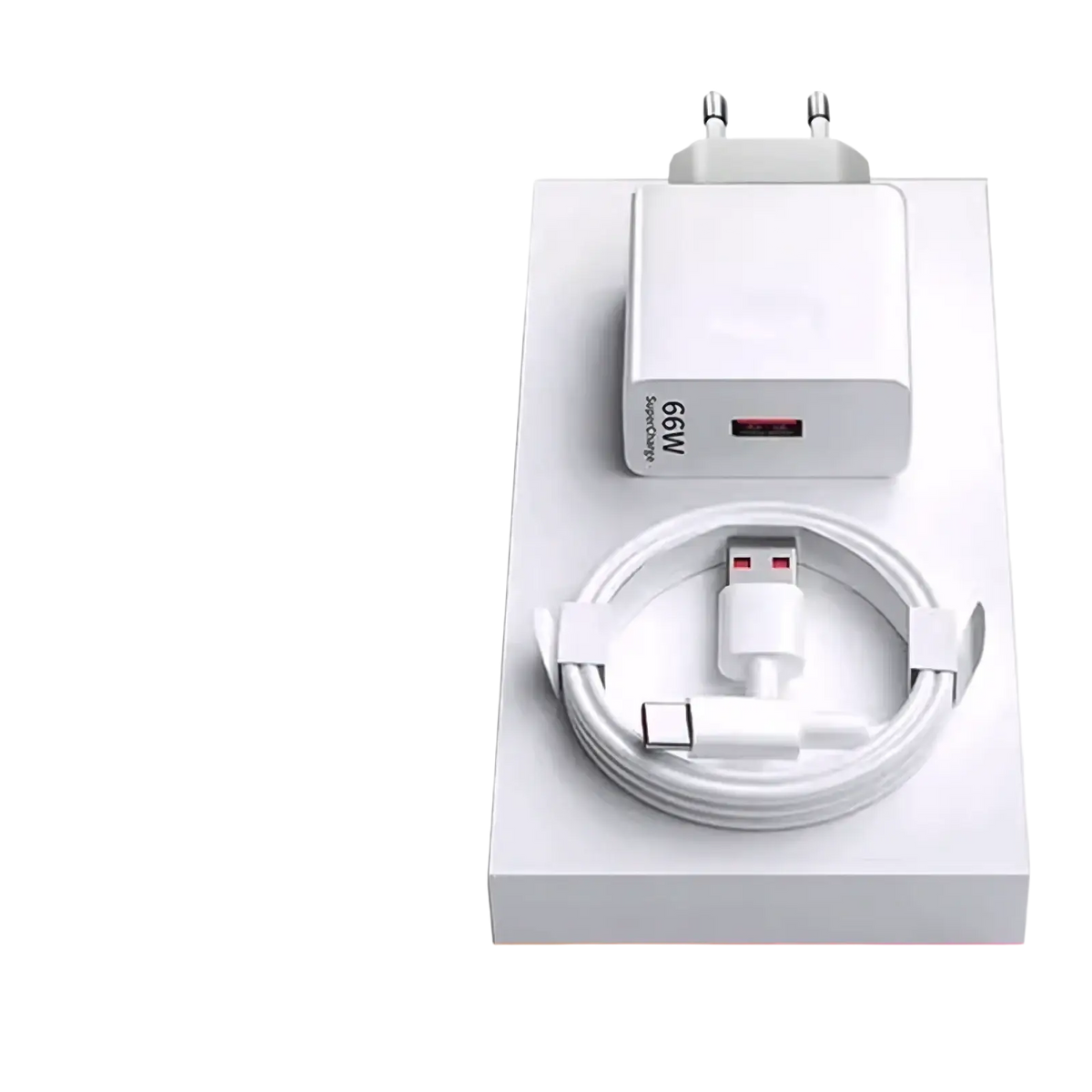 White 66w fast eu wall charger with supercharge and matching white usb-c cable for efficient device charging