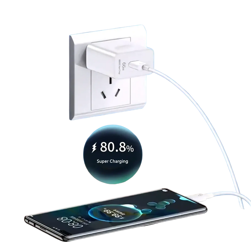 White 66w fast eu usb-c wall charger with compact design plugged into outlet and charging smartphone at 80.8 percent