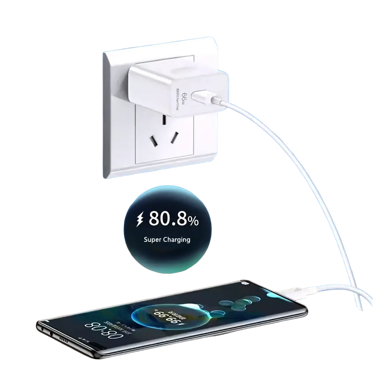White 66w fast eu usb-c wall charger with compact design plugged into outlet and charging smartphone at 80.8 percent