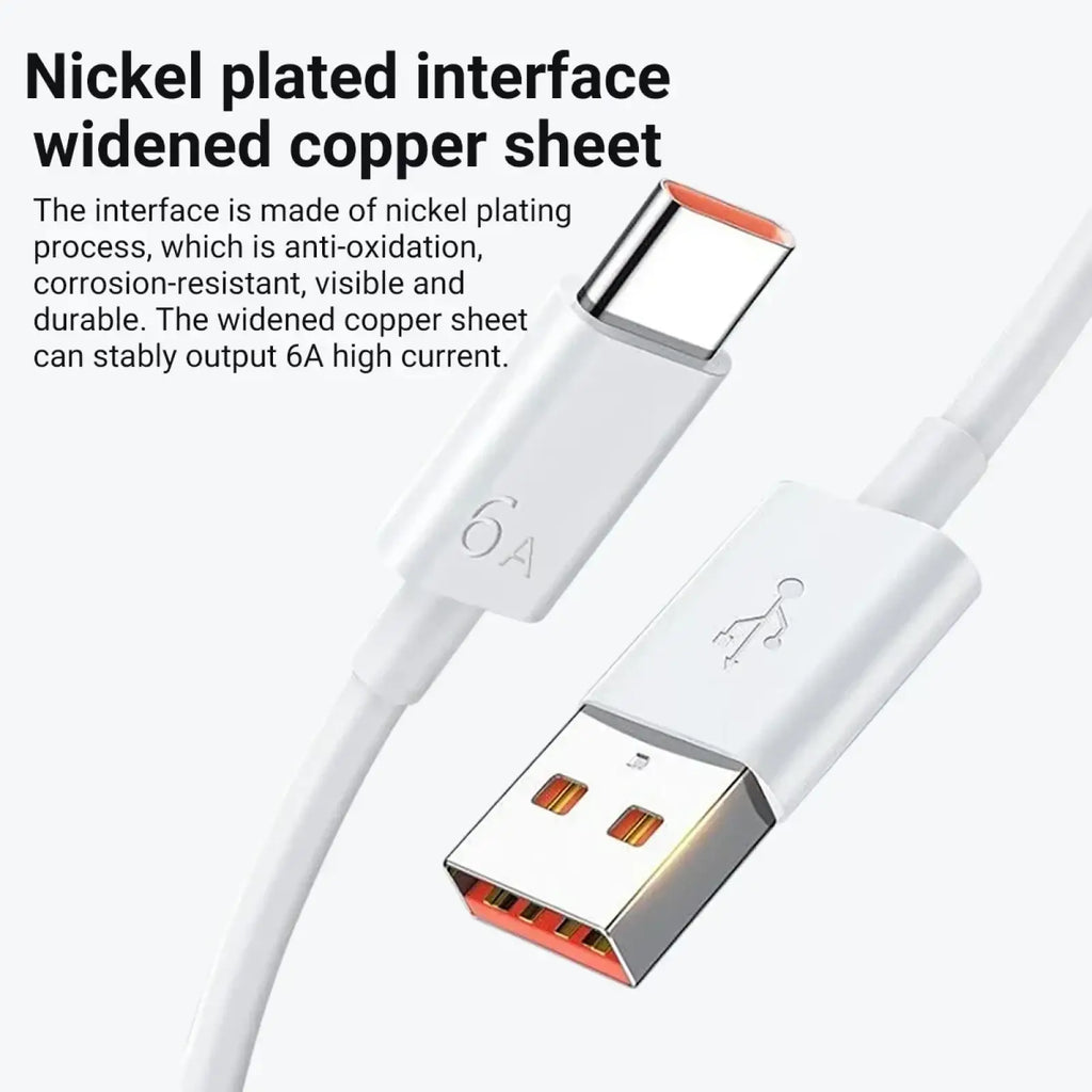 White usb-c to usb-a cable with nickel-plated copper interface and 6a current output for 66w fast eu wall charger