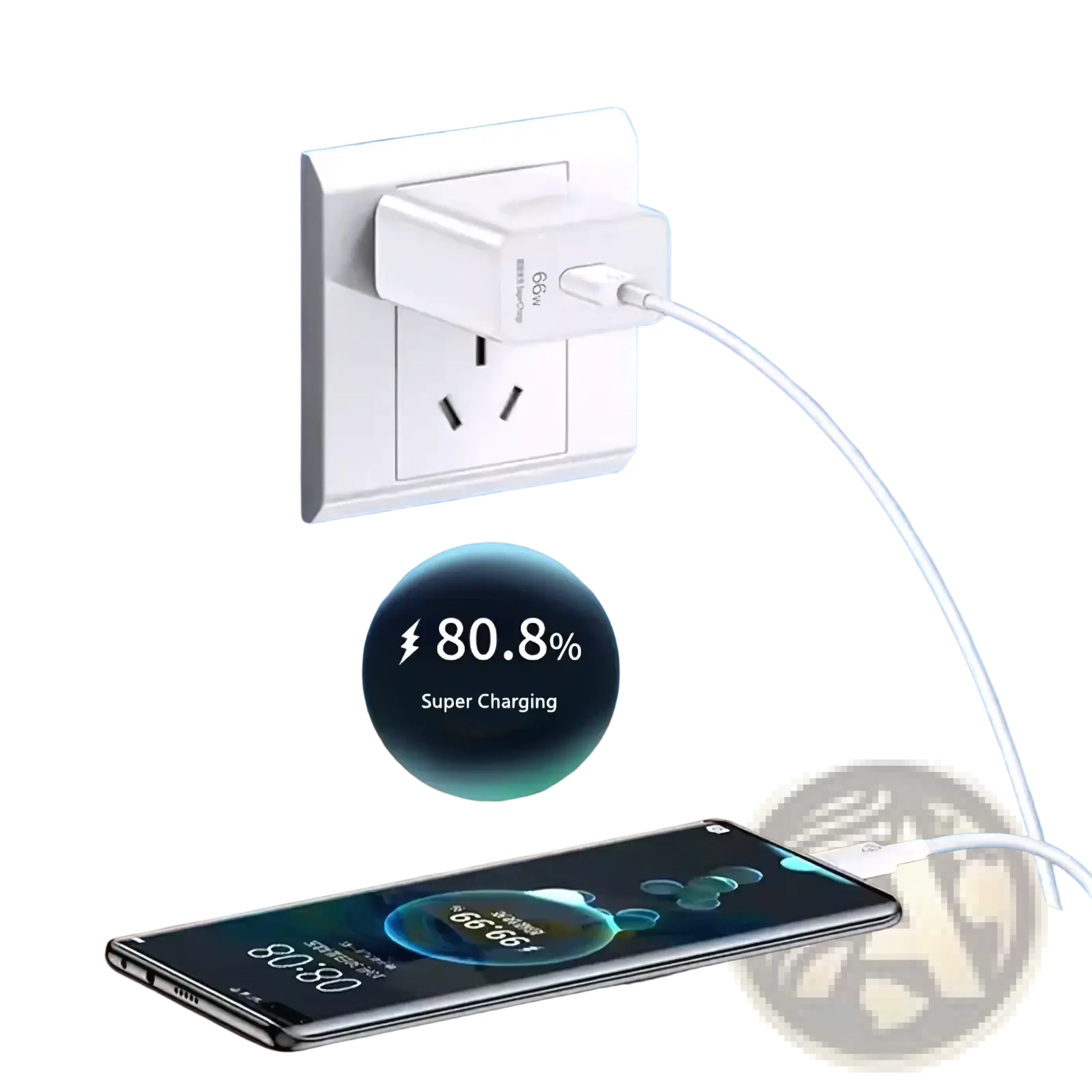 White 66w fast eu usb-c wall charger with compact design plugged into outlet and charging smartphone at 80.8 percent