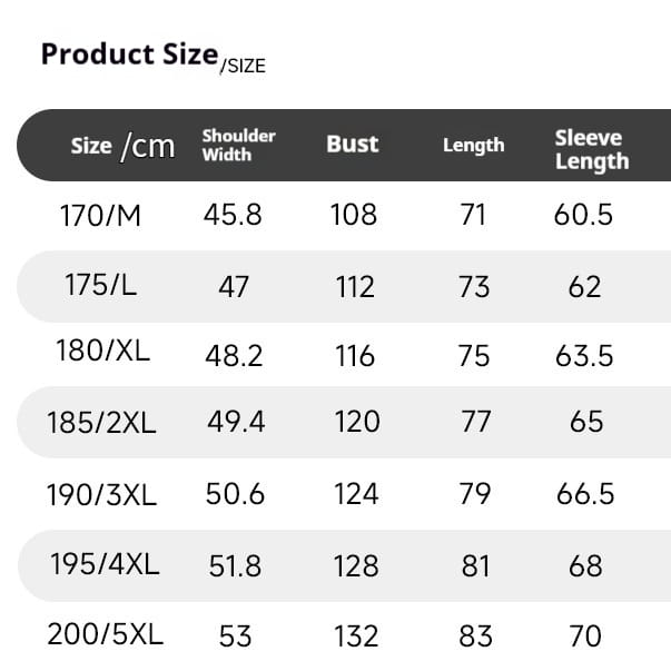 Size chart for a women’s dress listing measurements in centimeters from size m to 5xl displayed alongside a mens wool overcoat double collar winter jacket.