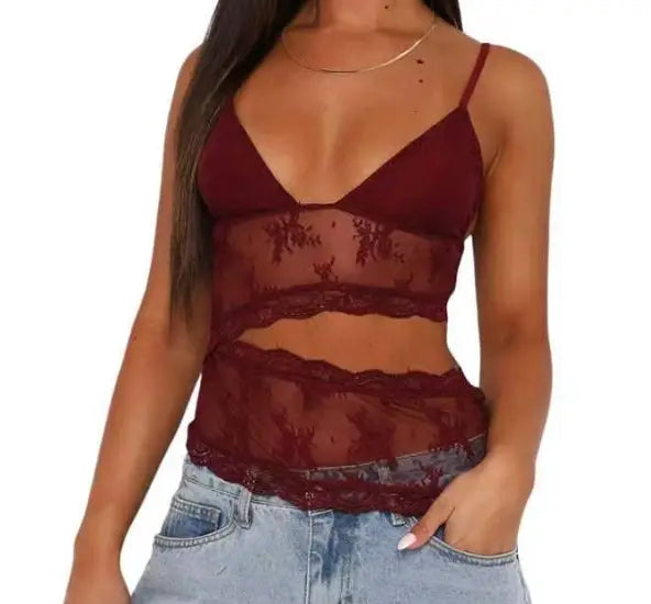 A maroon lace floral embroidery crop top with thin straps and a v neck backless design.