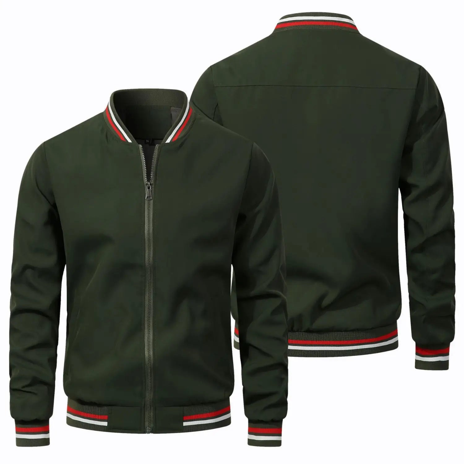 Chaqueta bomber de hombre color verde oscuro con ribete a rayas rojo y blanco en el cuello, los puños y la pretina, ropa exterior informal.