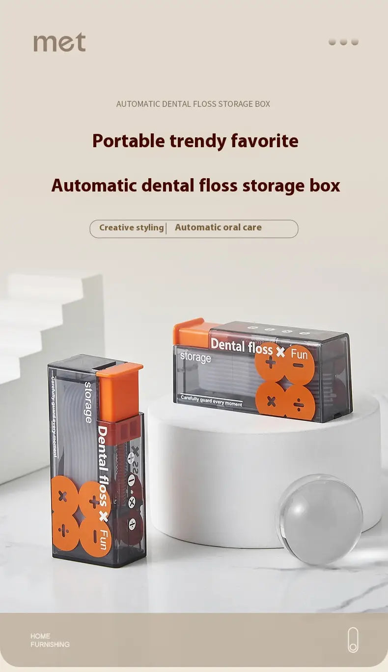 Caja de almacenamiento automática para hilo dental en naranja y negro, con un diseño moderno y elegante e incorporando la función de dispensador automático de apertura emergente para la caja portátil de hilo dental.