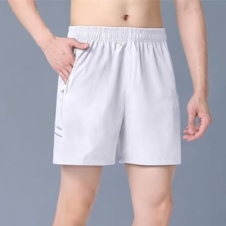 white ice silk quick-drying straight-leg athletic shorts with an elastic waistband and subtle gray side stripes for enhanced comfort and performance.