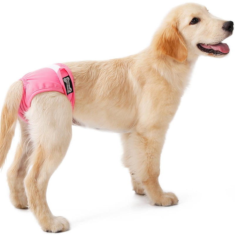 Pink breathable female dog diaper made of fabric with a black and white brand tag is shown.