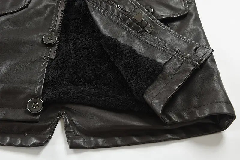 Men’s mid-length black faux leather coat with plush black fleece lining and silver-toned zipper hardware.