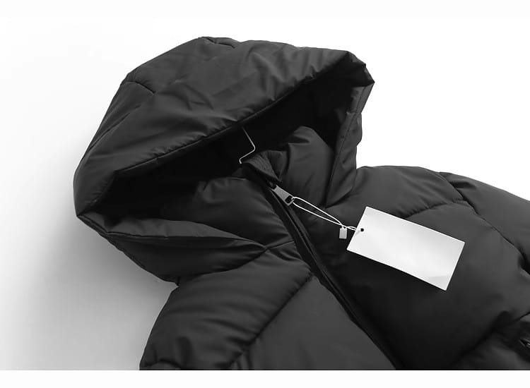 Black hooded puffer cotton coat with quilted design for warmth and style