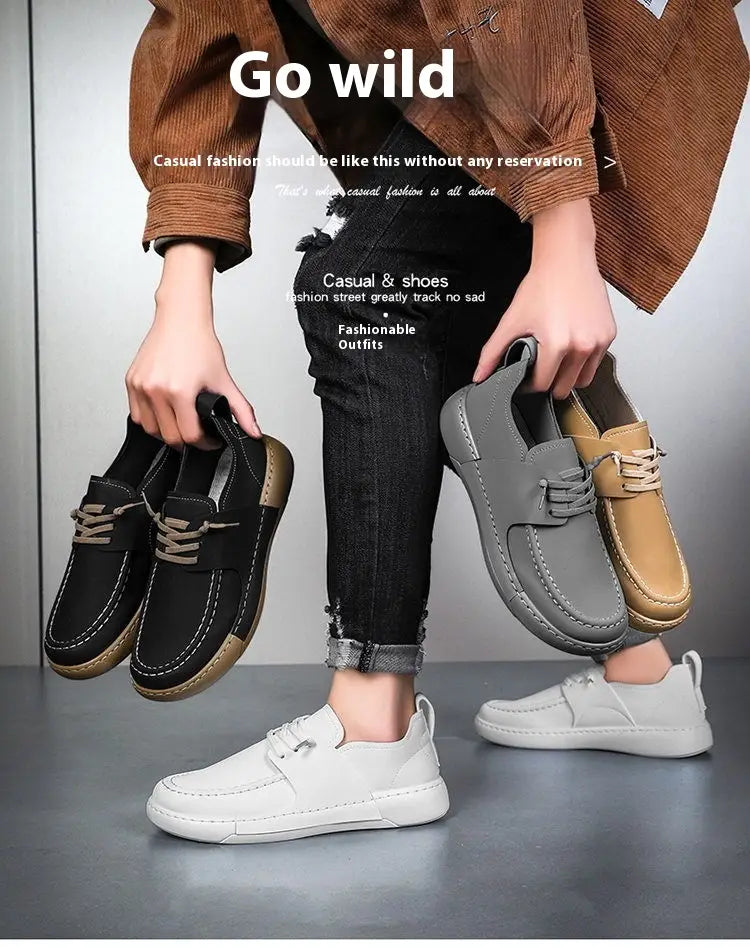 Chaussures en cuir rétro britanniques élégance décontractée pour homme, en noir, gris et daim beige, avec lacets marron contrastants et semelles en caoutchouc.