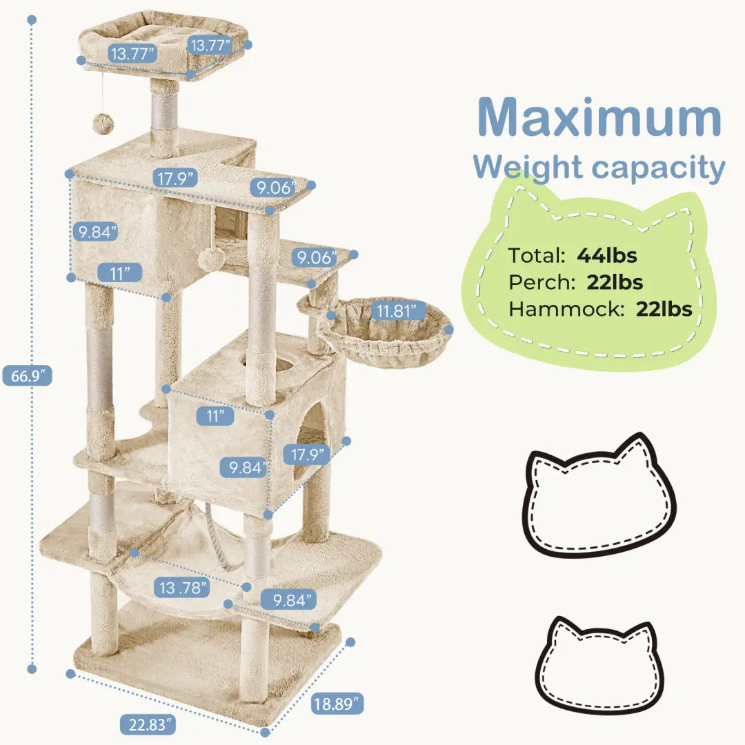 Beige multi-level 66 inch multi-cat tree tower and condo with scratching posts, platforms, and a hammock for feline activity and rest.