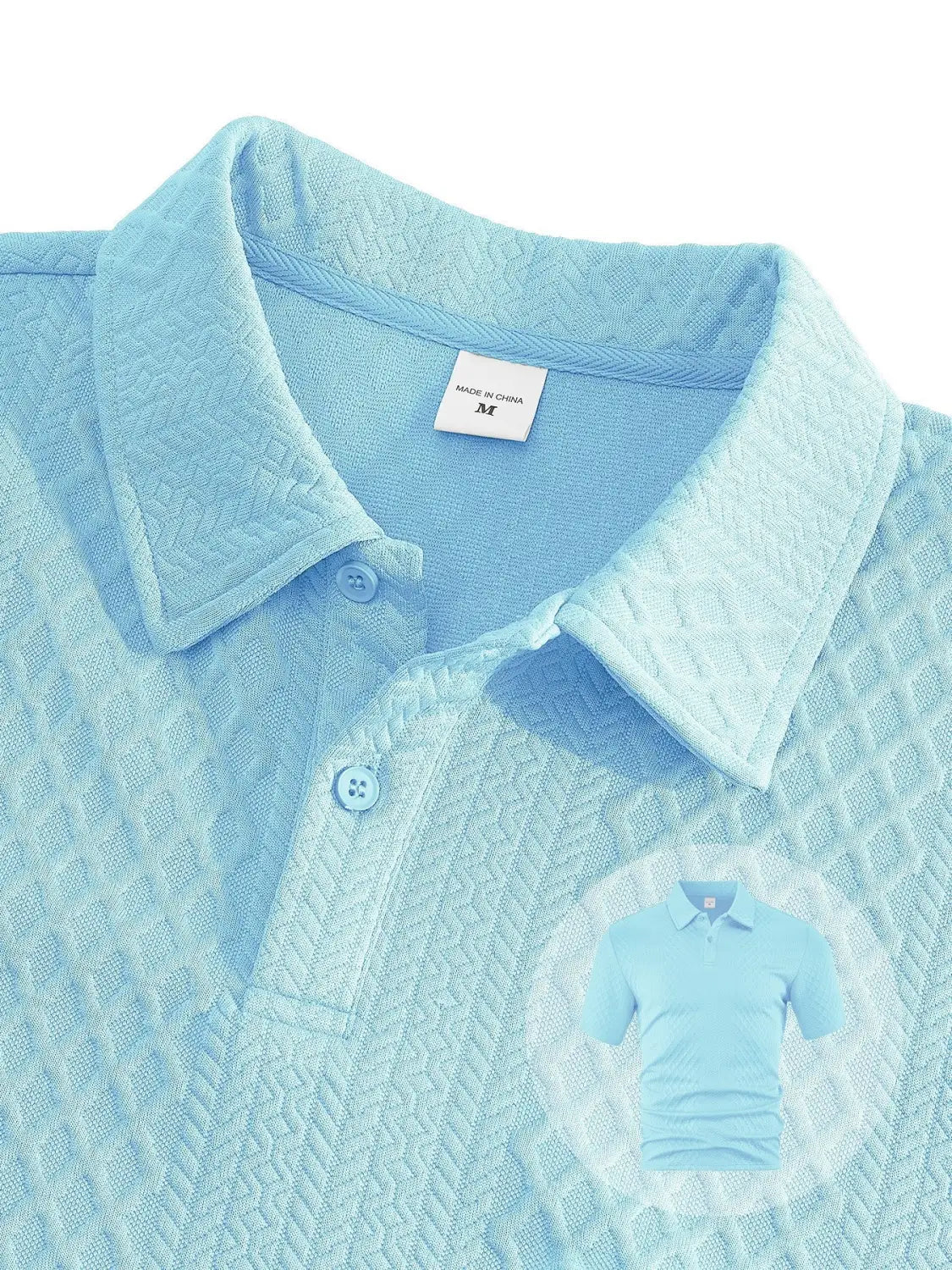 Men textured short sleeve polo suit in light blue with a subtle diamond pattern and matching buttons.