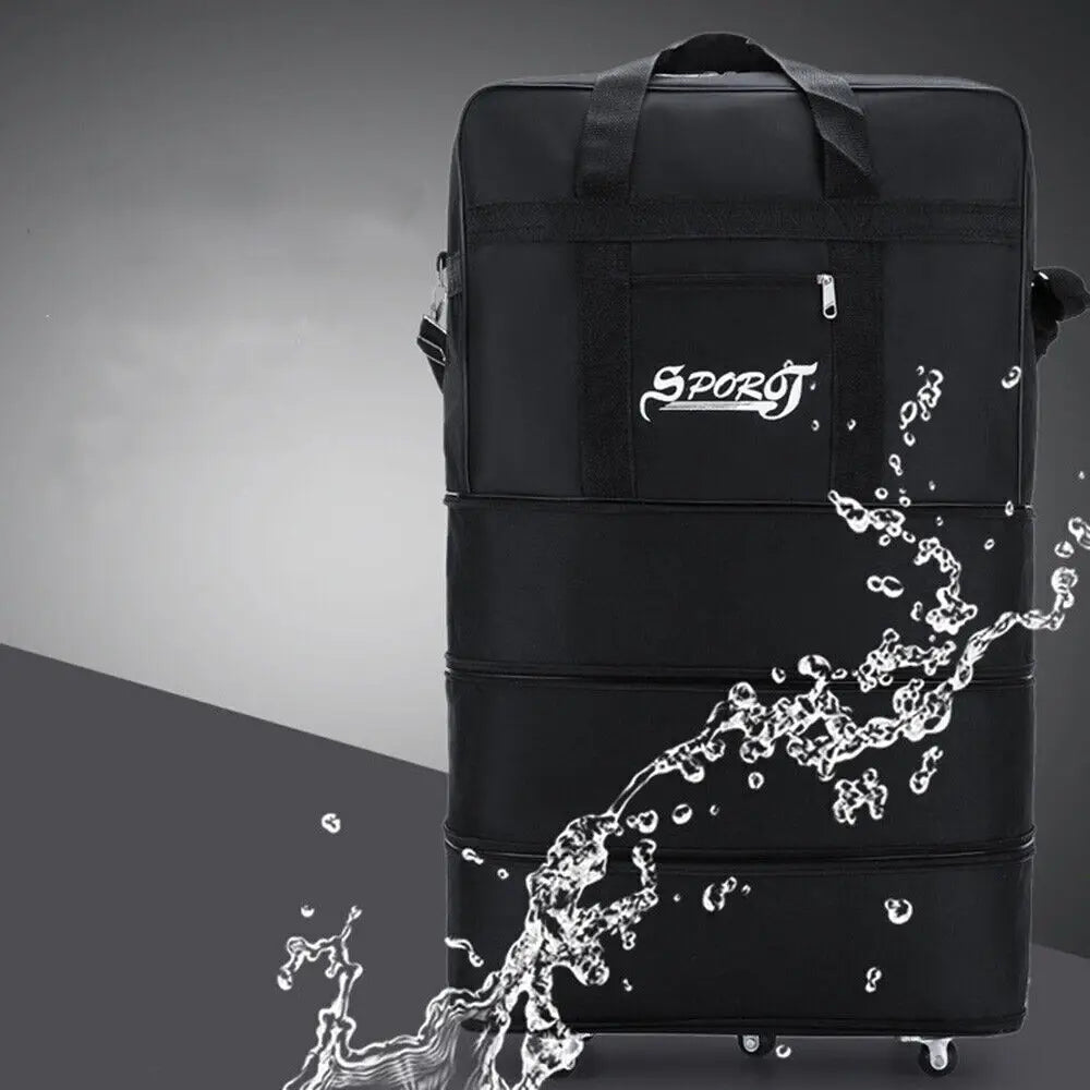 Black 42 inch expandable lightweight rolling travel suitcase with a sleek multi-compartment design and durable fabric exterior.