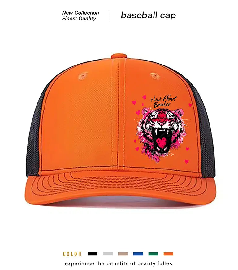 Orange and black vibrant trucker hat featuring a bold embroidered tiger with pink accents and the text heart breaker surrounded by hearts, designed for men.