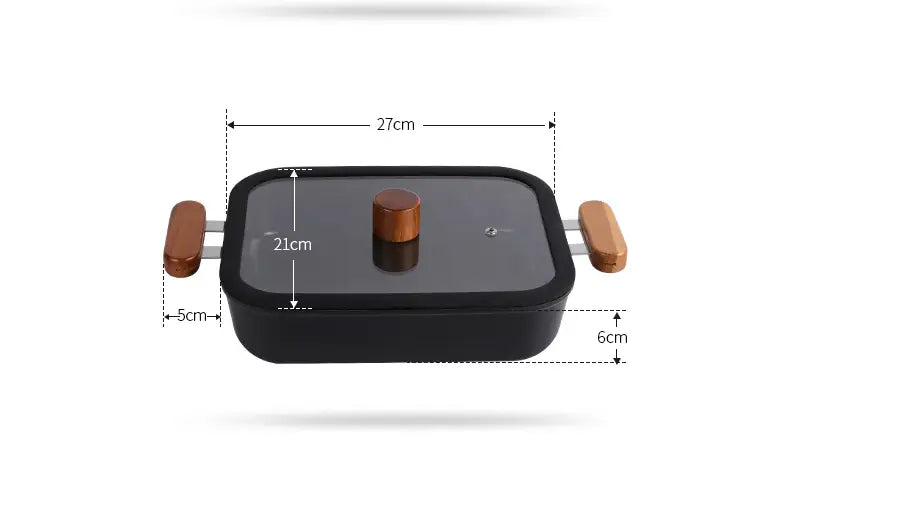 Plancha eléctrica rectangular negra con superficie de cerámica antiadherente, mangos de madera y tapa de vidrio, del set de ollas de cerámica antiadherentes con mangos de madera.