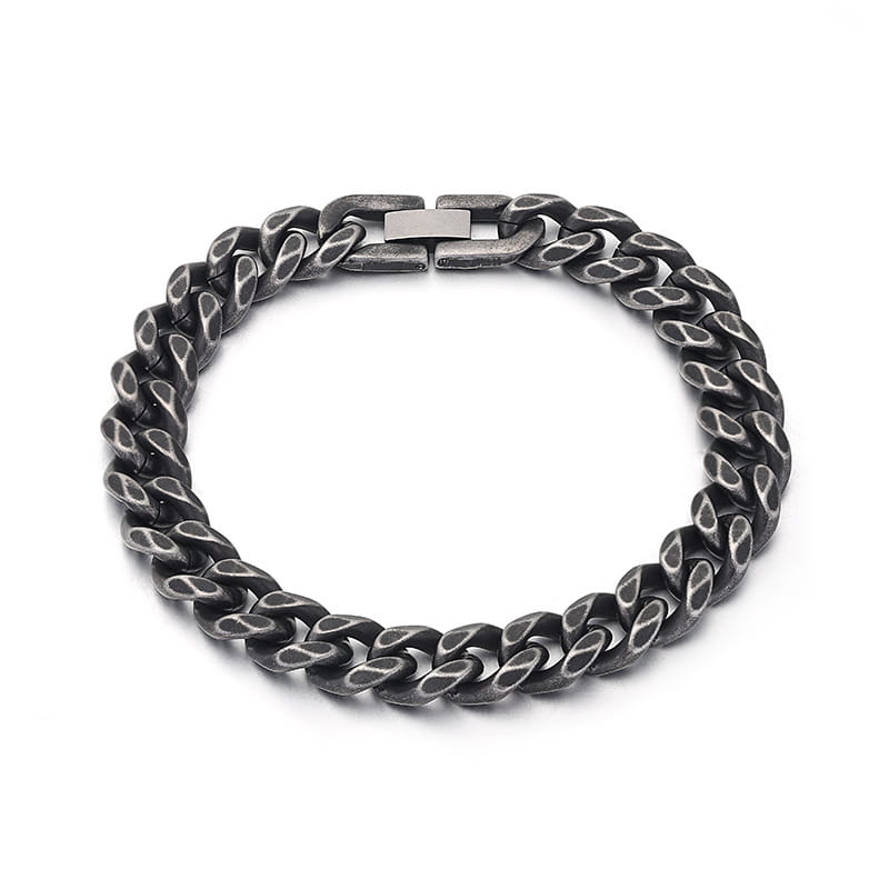 Matte black stainless steel curb chain bracelet with a rugged dark gray matte finish and a rectangular clasp.
