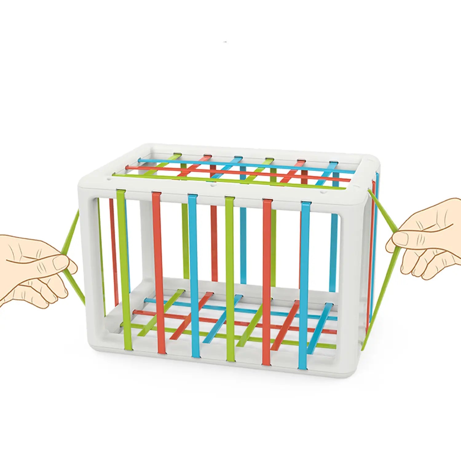 Jouet trieur de formes Montessori pour jeux sensoriels de bébé, en boîte à puzzle en plastique blanc, avec des bandes élastiques colorées rouges, bleues et vertes tressées à travers sa structure quadrillée.