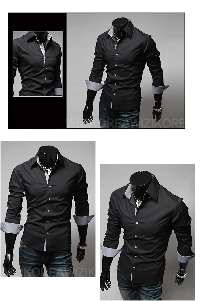 Legeres, figurbetontes Hemd für Herren in Übergröße mit langen Ärmeln in Schwarz mit kontrastierenden hellgrauen Innensätzen am Kragen und an den Manschetten, entworfen für einen stilvollen und bequemen Look.