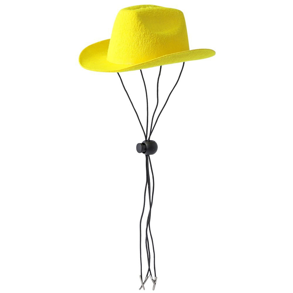 Bright yellow felt pet cowboy hat with a black adjustable strap and metal clips for dogs and cats.