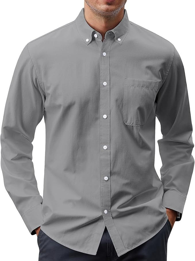 Men’s long sleeve oxford button down shirt in gray with white buttons and a chest pocket.