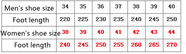 A chart displaying men’s and women’s shoe sizes with corresponding foot lengths in centimeters for men’s leather beach sandals outdoor sport flip flops.