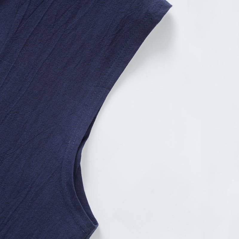 Men’s navy blue linen blend sleeveless hooded button up shirt with soft textured fabric and neatly stitched neckline.