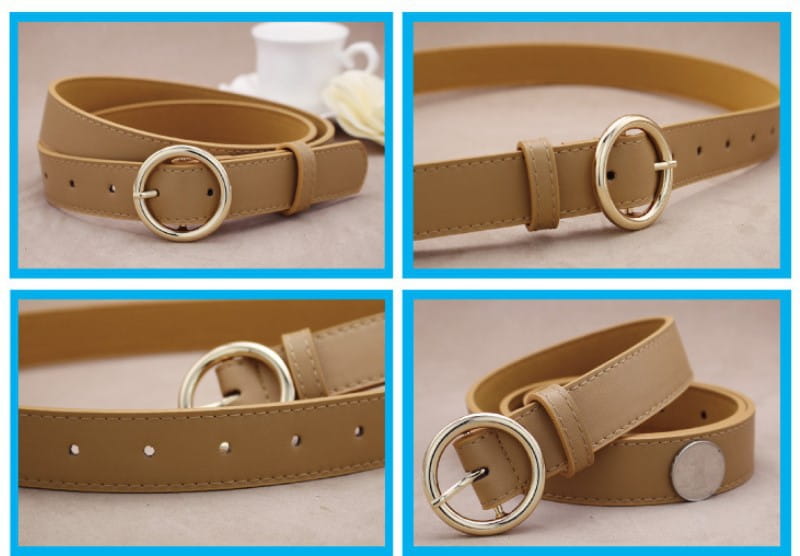 Beige leather round buckle belt for women featuring a gold toned circular buckle and versatile fashion use.