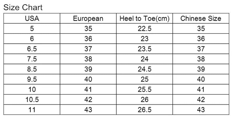 Size chart displaying usa european heel-to-toe centimeters and chinese shoe sizes for platform wedge espadrille sandals with buckle detail.