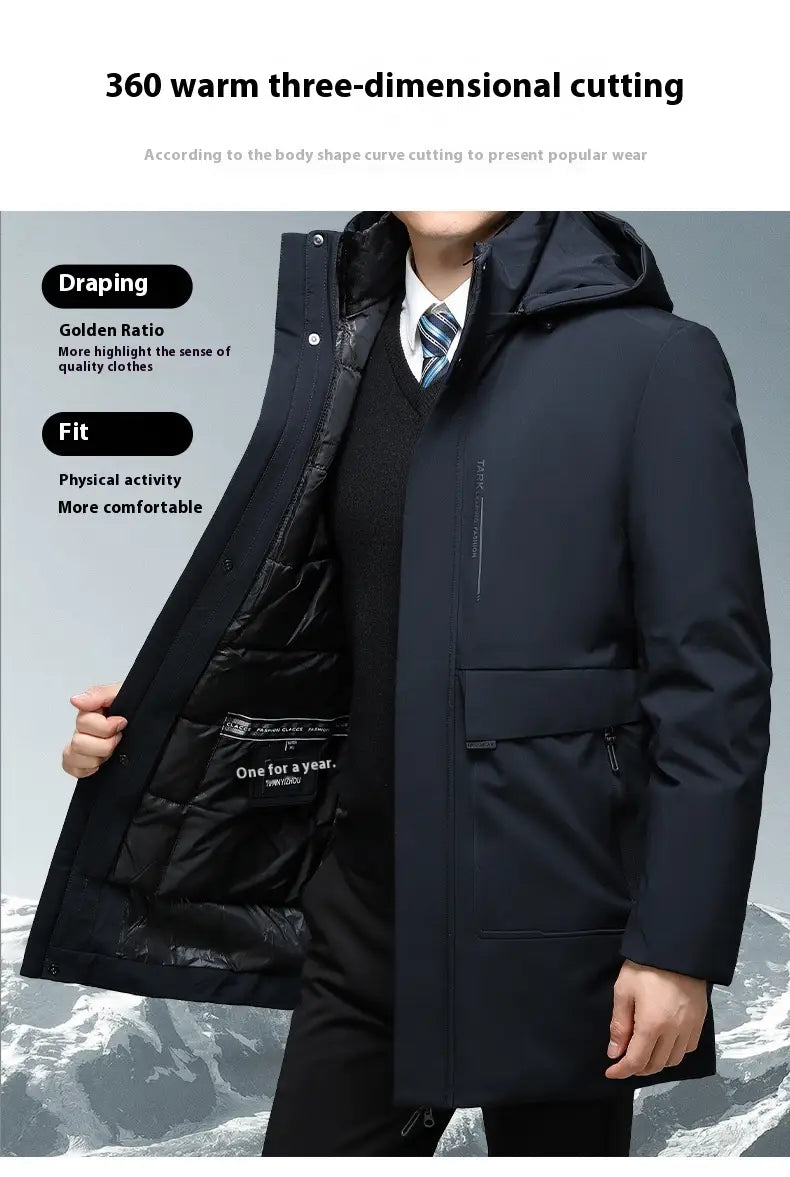 Chaqueta de invierno negra con capucha y acolchado térmico interior, con bolsillos delanteros, diseñada para el clima frío.