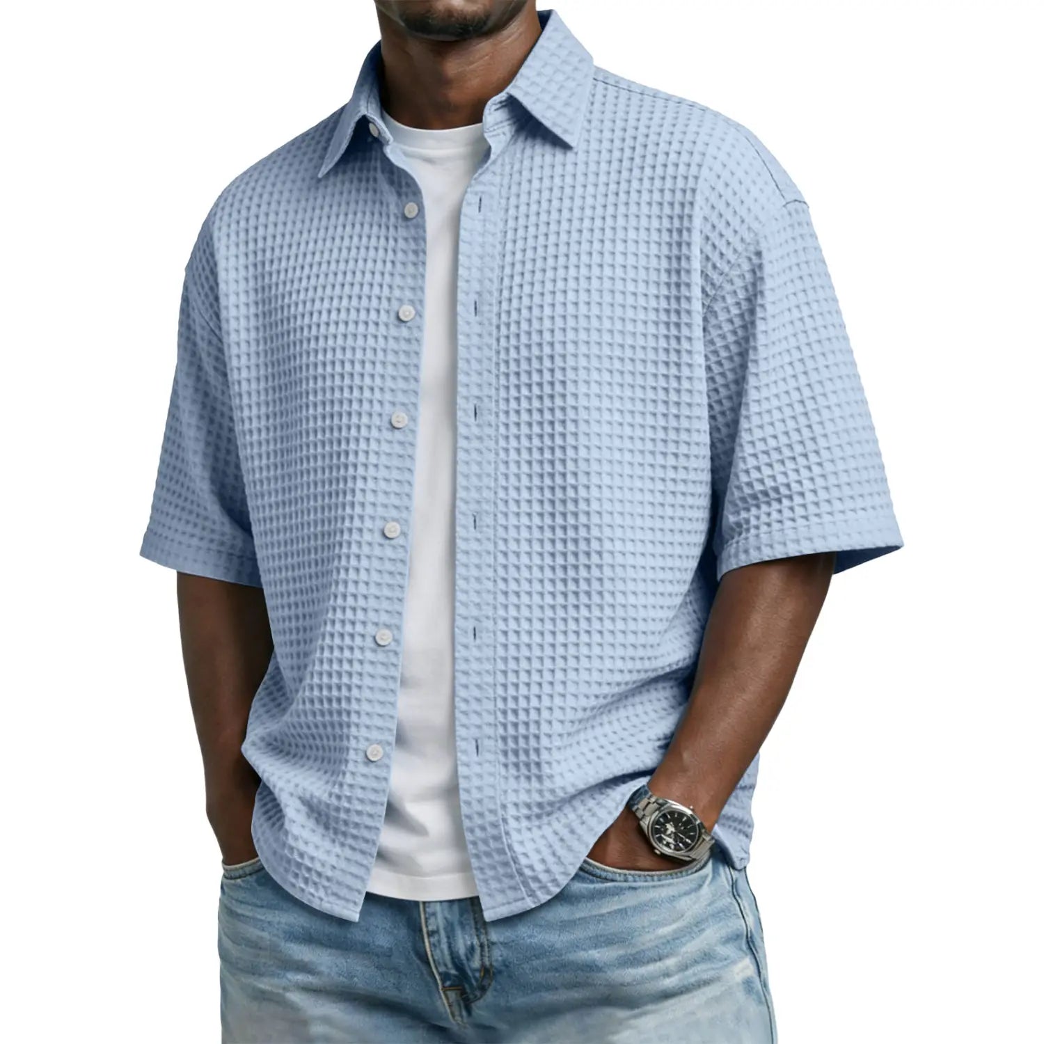 Light blue men’s waffle knit short sleeve polo shirt with button-up front.