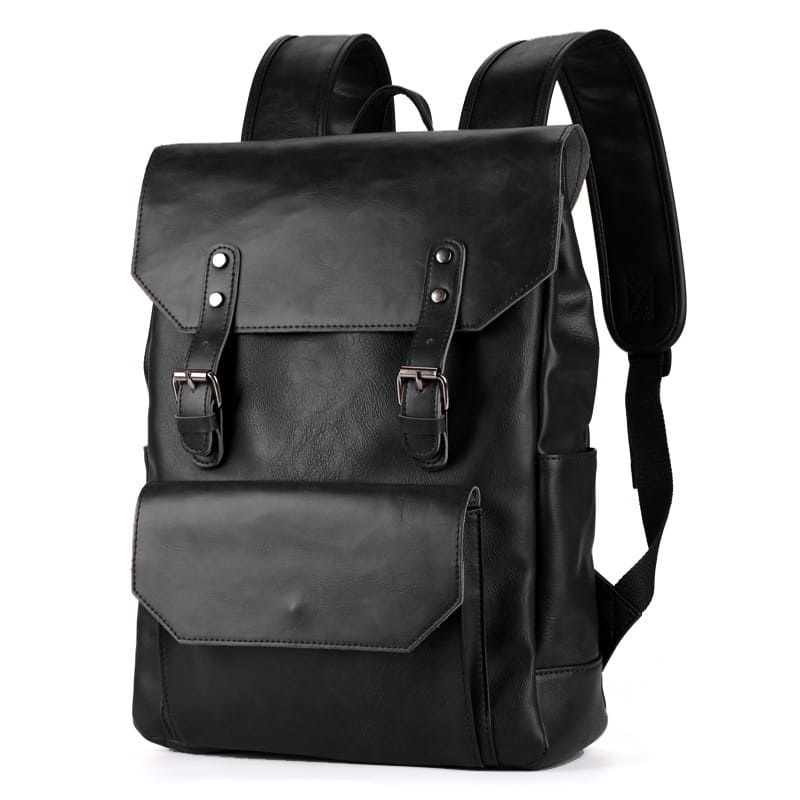 Black leather backpack with flap closure and silver-toned buckles from the Crazy Horse leather large capacity unisex backpack collection.