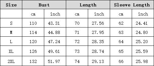 Die Tabelle zeigt eine Größentabelle für ein weißes Hemd mit langem Arm und Knopfleiste, mit Maßangaben in Zentimetern und Zoll von Größe S bis 2XL.