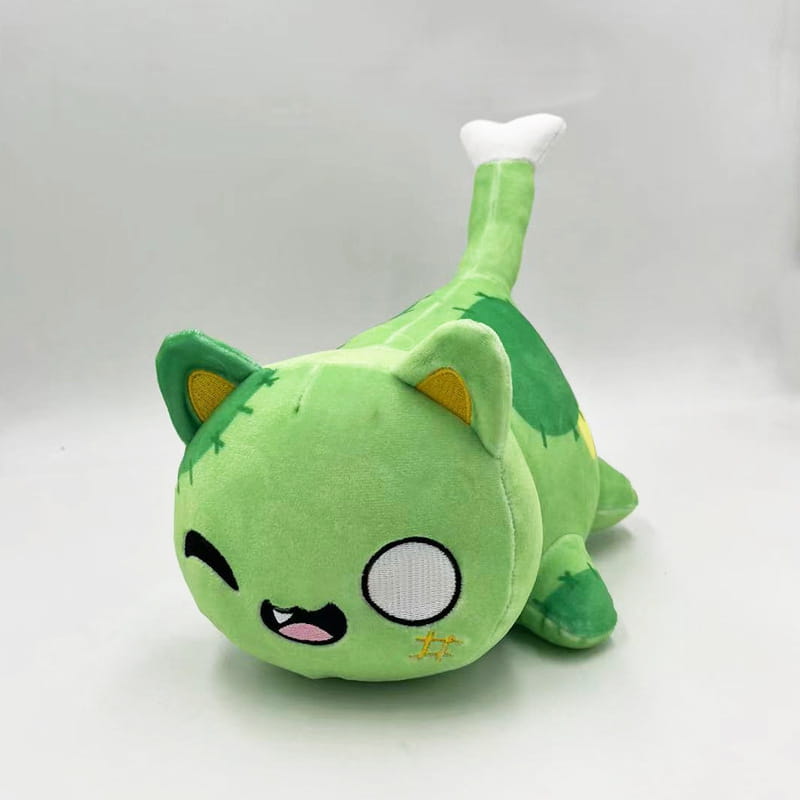 A plush green cat stuffed animal toy for kids 25cm with stitched details yellow inner ears and a white-tipped tail.
