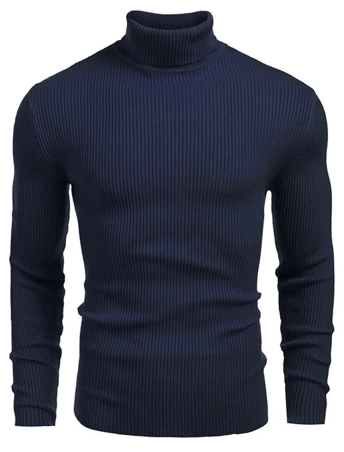 Herren-Turtleneck-Pullover Slim Fit in dunkelnavarotem, geripptem Strick, frontal dargestellt.