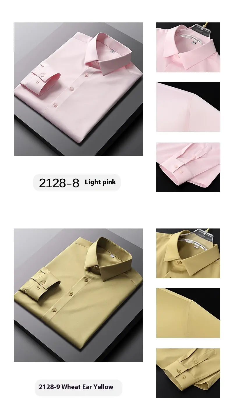 Chemises habillées en soie pour homme à manches longues, en rose clair et jaune paille, avec des cols boutonnés classiques et des poignets assortis