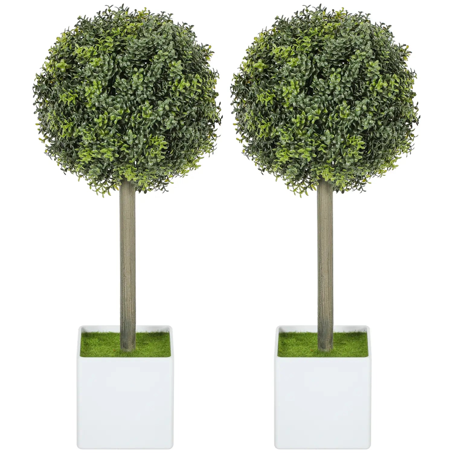 Paar künstlicher Buchsbaum-Topiary-Kugeln mit dichtem grünem Laub und schlanken Holzstielen in weißen quadratischen Töpfen.