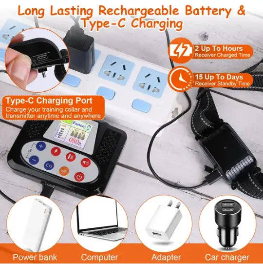 Black rectangular electronic training collar transmitter with colorful buttons and digital display for 2-in-1 wireless dog fence and remote training collar IPX6