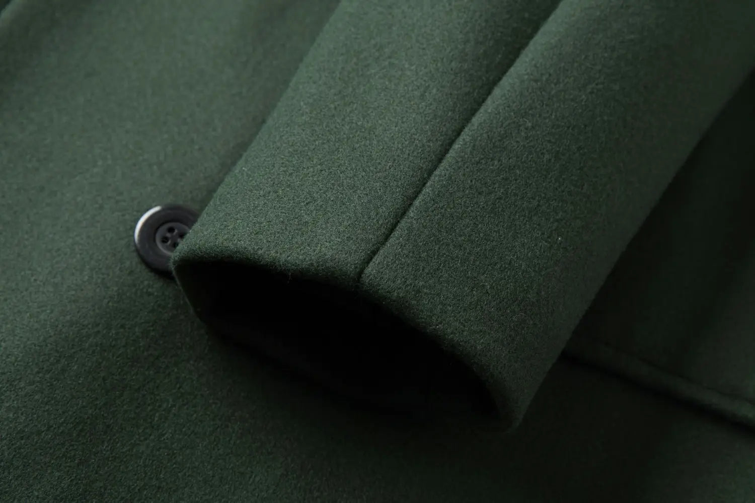 Men double breasted wool overcoat mid length coat in dark green with a black button.