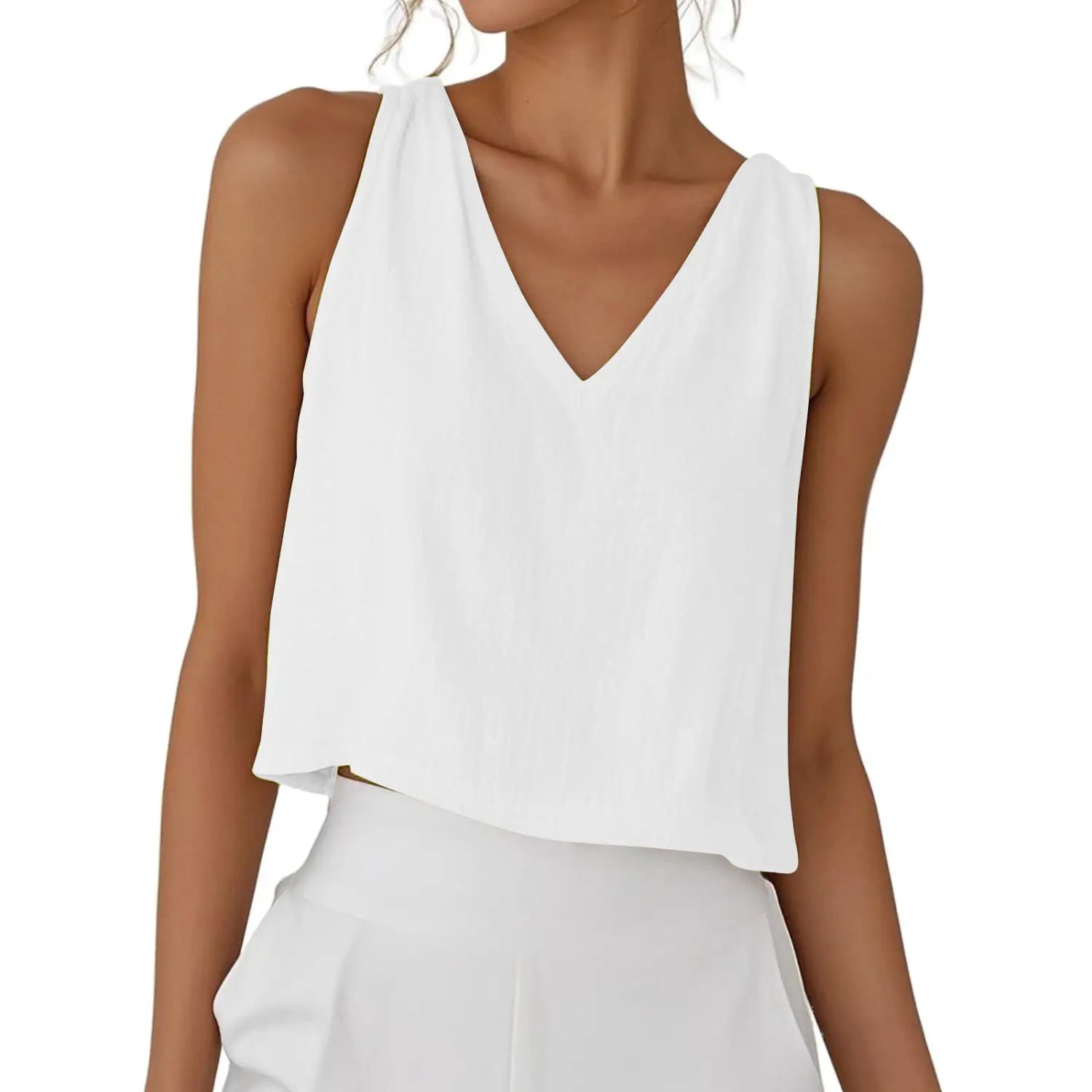 Weißes ärmelloses Baumwoll-Leinen-Camisole-Crop-Top mit fließendem Stoff und lockerer Passform
