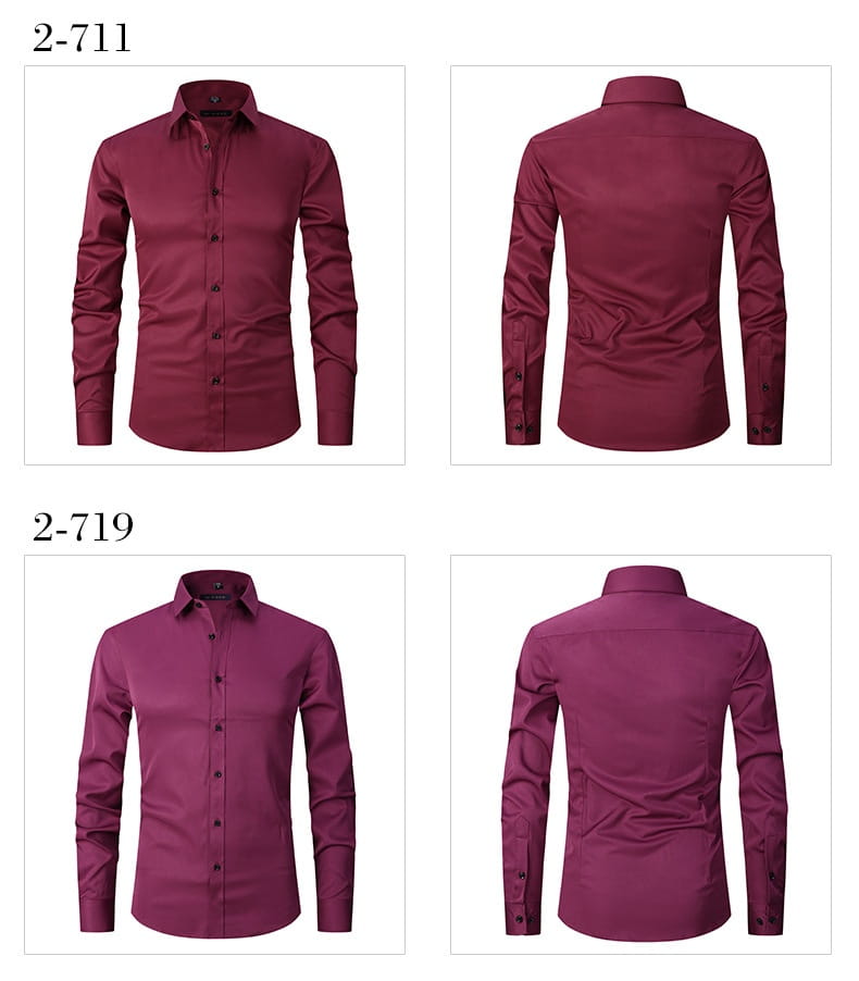 Herrenhemd mit langem Ärmel, Slim Fit, in einem kräftigen Burgunderrot mit schwarzen Knöpfen und klassischem Kragen.