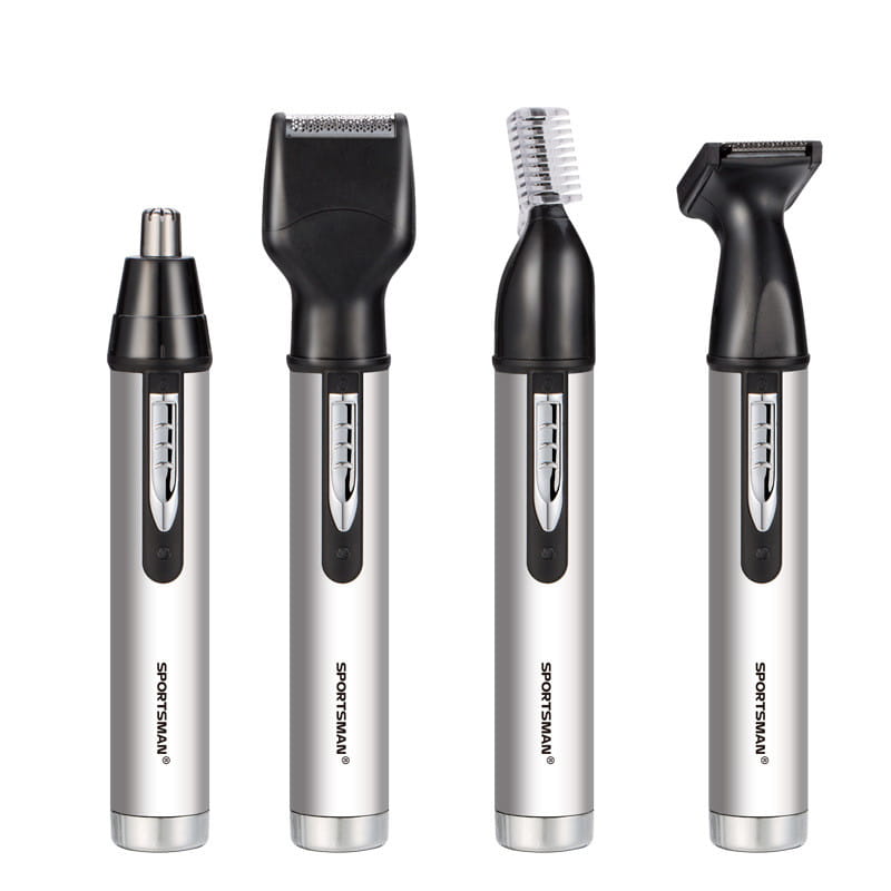Ensemble de toilettage multifonction de la marque Sportsman, noir et argent, avec têtes interchangeables pour le nez, la barbe et la coupe des poils du visage, dans un kit de toilettage électrique 4 en 1 avec produit USB.
