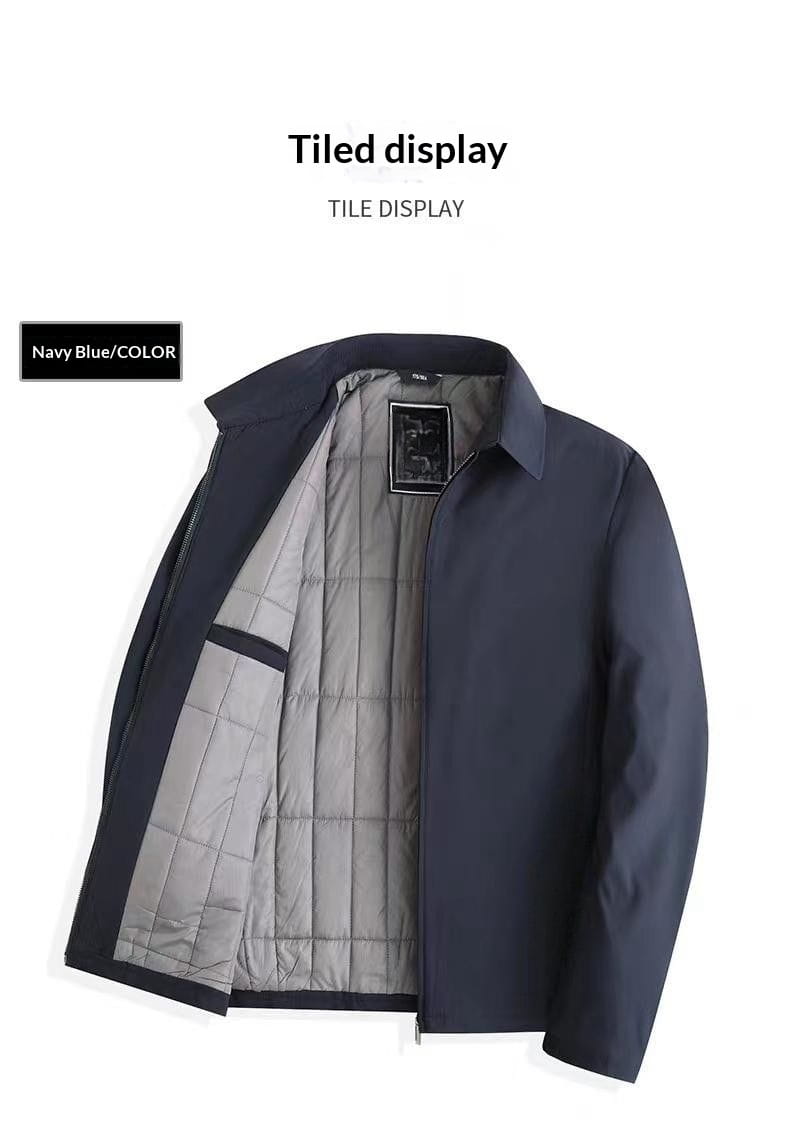 Men’s padded winter cotton coat in navy blue with quilted design, structured collar, and gray interior lining.