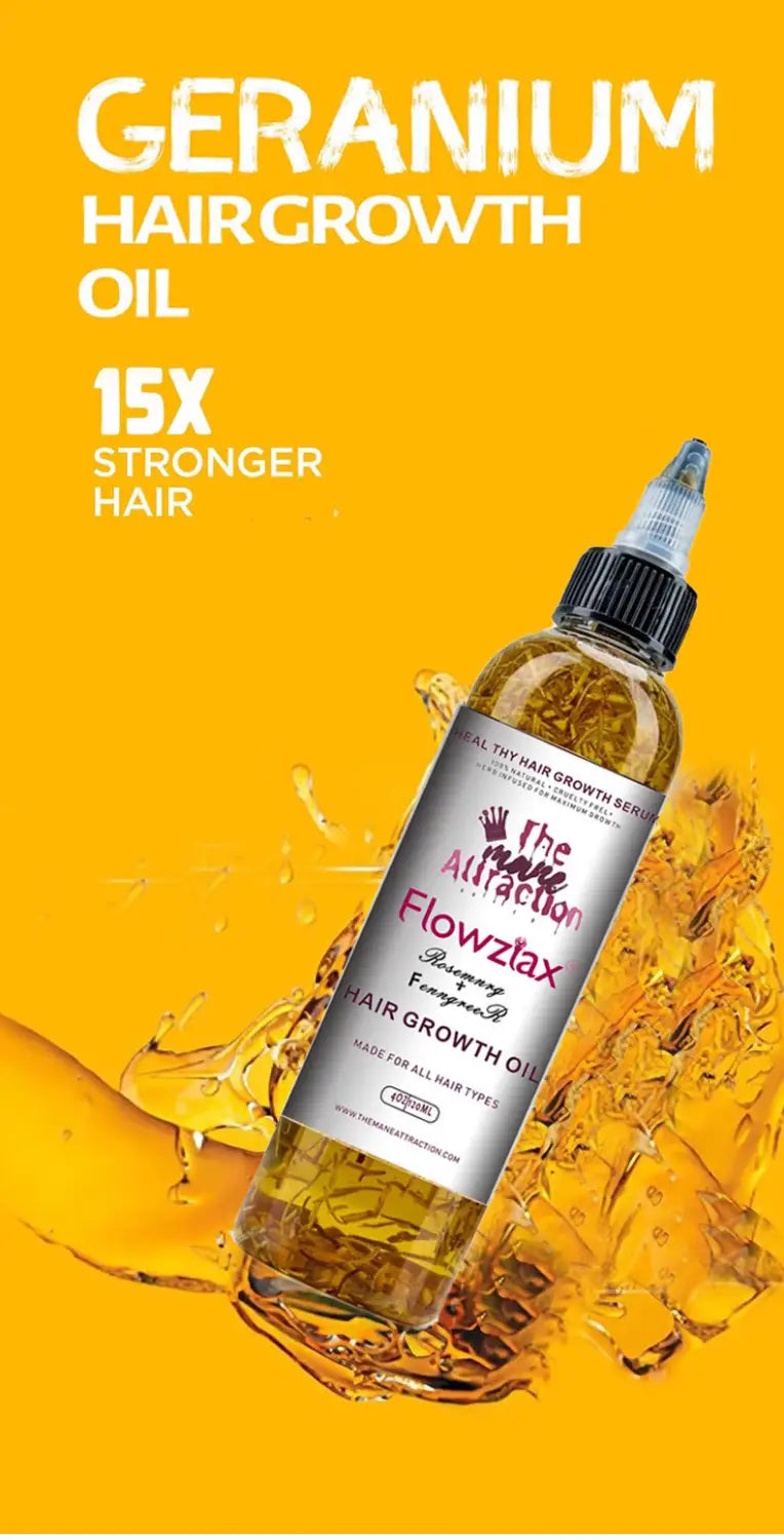Eine klare Glasflasche mit schwarzem Pipettenaufsatz, gefüllt mit goldgelbem Rosmarin-Haarwachstumsöl für eine Anti-Frizz-Kopfhautbehandlung, mit der Aufschrift „The attraction flowzax“ und pinkfarbenem Text auf einem weißen Etikett.