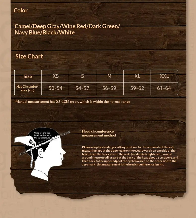 The men suede baseball cap thickened winter hat size chart shows available colors including camel deep gray wine red dark green navy blue black and white.